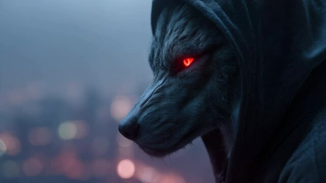Werewolf in hoodie with glowing eyes watches over the city at night