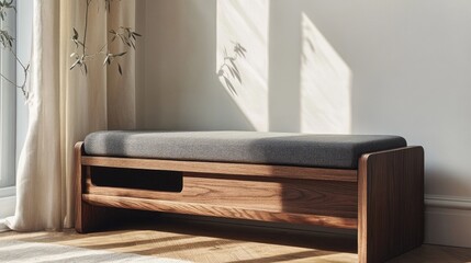 Fototapeta premium Modern wooden bench with fabric cushion in bright minimalist room with natural light and soft shadows