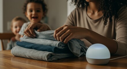 Family life and domestic chores with children and laundry in cozy home setting