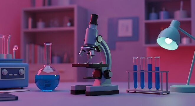 Studying Microscope in Lab with Flask and Test Tubes