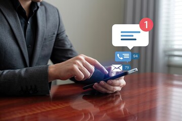 Businessman using smartphone with multiple notifications for emails messages and calls