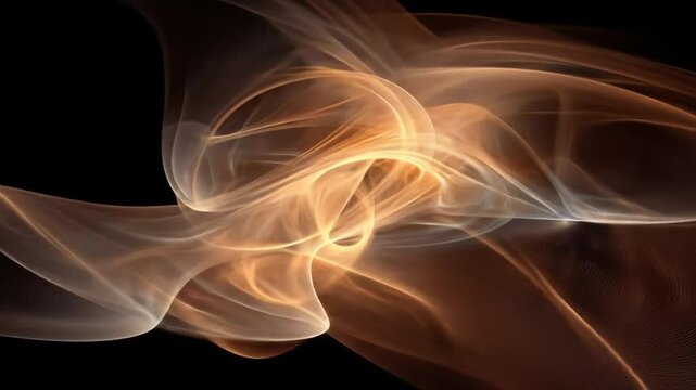 Abstract swirling, flowing shapes of warm, translucent smoke.  Intricate, dynamic forms against a black backdrop