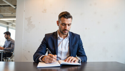 Businessman writing in notebook while sitting at desk in office  