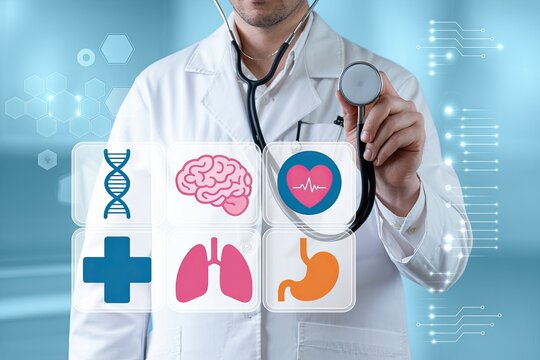 Doctor using digital interface showing medical icons of brain heart lungs stomach and dna