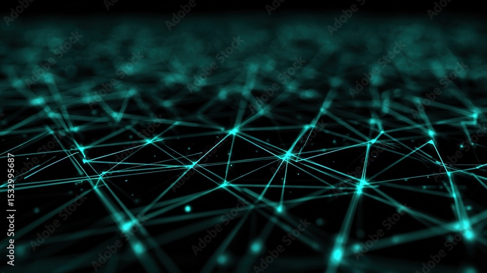 Poster luminous turquoise triangles on dark background with abstract pattern
