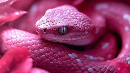 Obraz premium Bright pink snake resting among vibrant flowers in a lush garden during the warm afternoon
