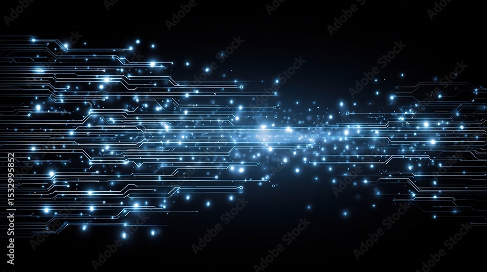 Poster blue circuit lines spreading across a dark canvas with bright sparkles