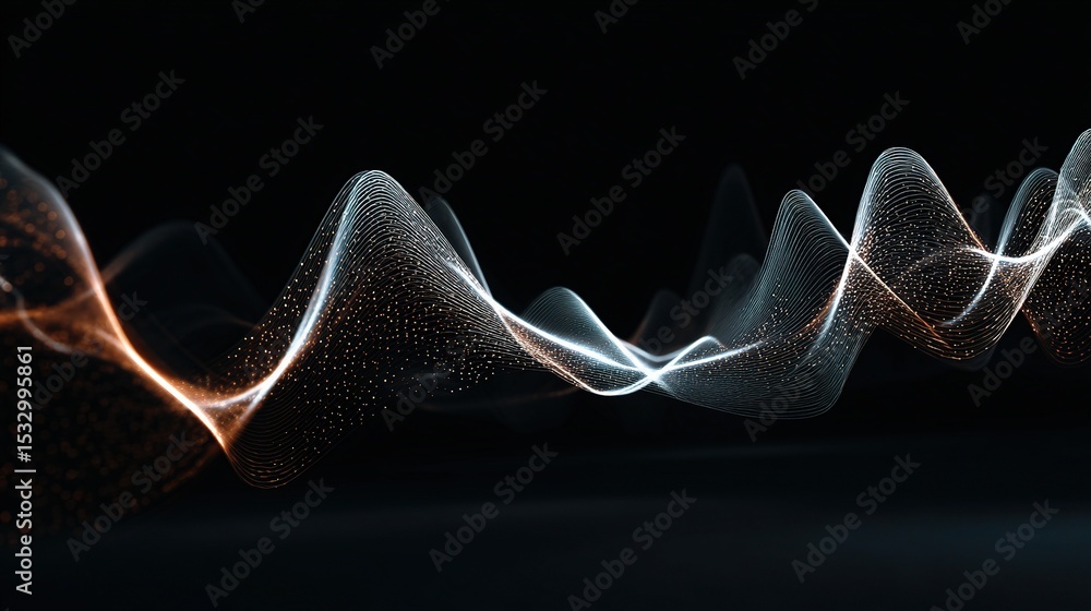 Poster abstract sound wave pattern on dark background with wireframe elements