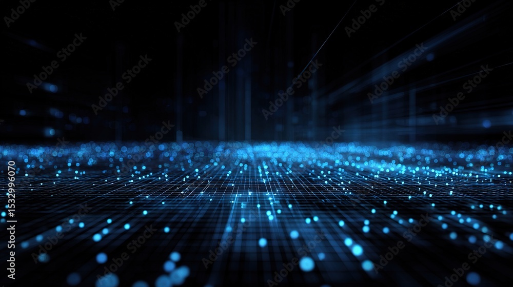 Poster blue cyber grid streaming data in virtual space with depth and motion