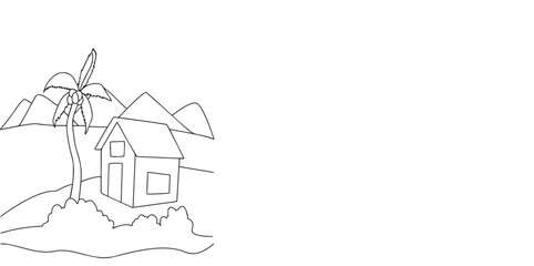 Cute cartoon hand drawn vector Village Scenery outline.