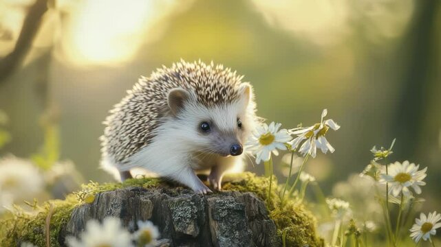 Small Hedgehog Sits Atop Mossy Tree Stump Amidst a Patch of White Daisy Flowers in a Field
