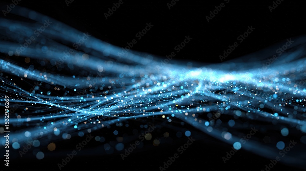 Poster converging data streams in digital space with bright particles