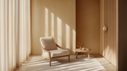 Fototapeta premium Cozy minimalist living room with beige armchair and sunlight streaming through sheer curtains