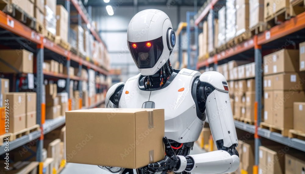 Poster a robot holding a package in a warehouse. the robot is designed for automation, carrying the package
