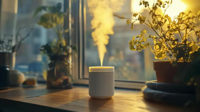 Home interior featuring aromatherapy diffuser releasing mist near window with sunlight
