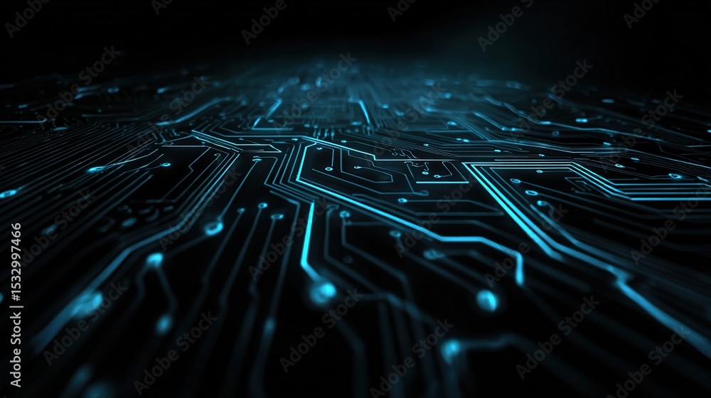 Poster dark background with neon blue circuit lines in digital design