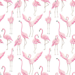 Jungle summer print. Watercolor seamless pattern with  pink flamingos  on white background. Hand drawn illustration
