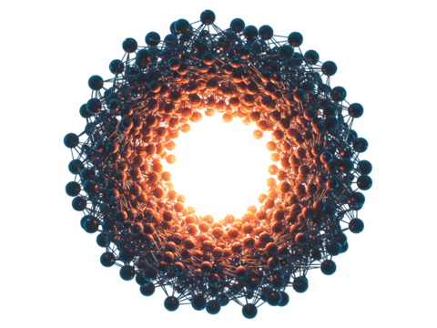 Abstract blue sphere cluster resembling cells or DNA structure, isolated on transparent background—ideal for science, biotech, research, or futuristic tech visuals.