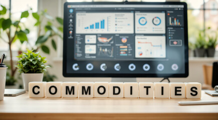 Commodities market shows trading activity and price movement of raw materials like metals, oil, and agriculture with copy space