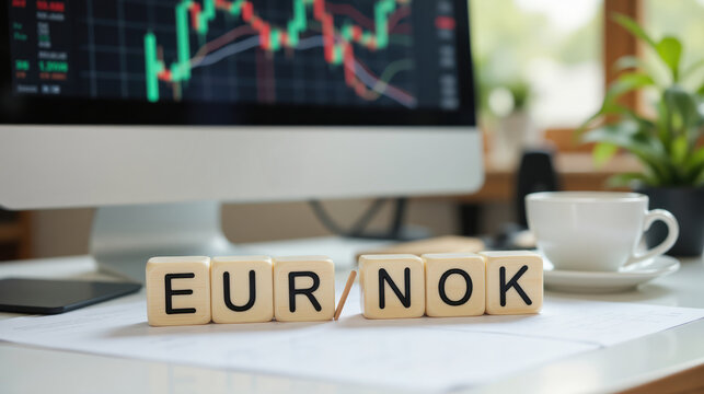 Forex trading EUR NOK shows currency exchange rate movement between euro and Norwegian krone for global market analysis with copy space