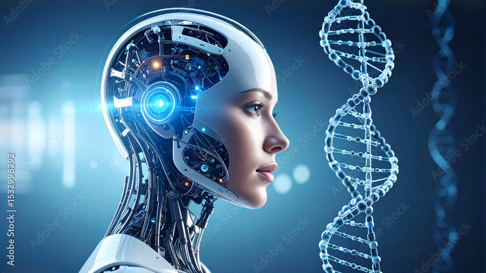 Poster an artistic representation of a woman's face merged with robotics, combined with dna strings, repres