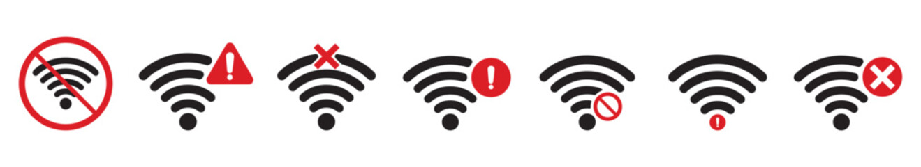 Set of no wifi icon sign , Wifi and wireless problem icon or no wifi icon set. wifi internet no access error icon sign. wifi signal with a prohibition symbol. 