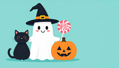 Whimsical Halloween illustration featuring a friendly ghost, a black cat, and a carved pumpkin, all adorned with a witch's hat and holding a lollipop