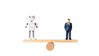 A robot and a human figurine balancing on a wooden board, representing technology and humanity