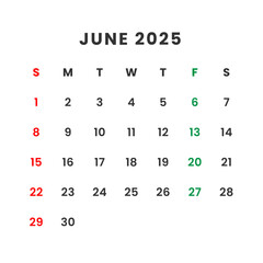 June 2025 calendar grid with days of the week and dates highlighted in red and green for emphasis