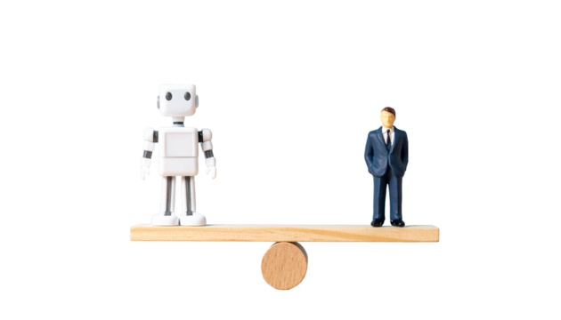 A robot and a human figurine balancing on a wooden board, representing technology and humanity