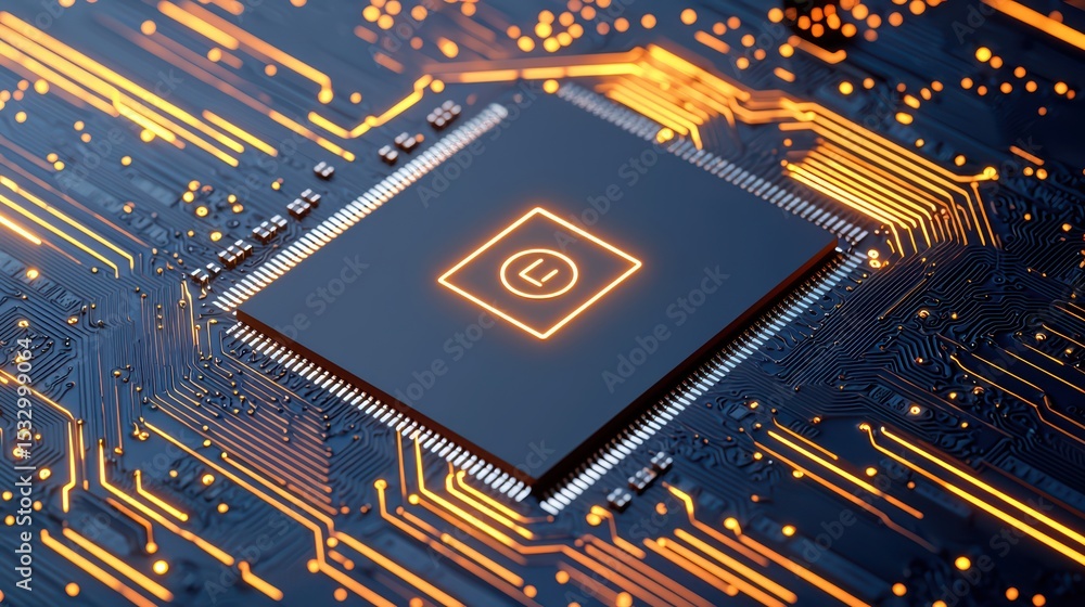 Poster close-up of microchip on circuit board with glowing elements and intricate electrical design