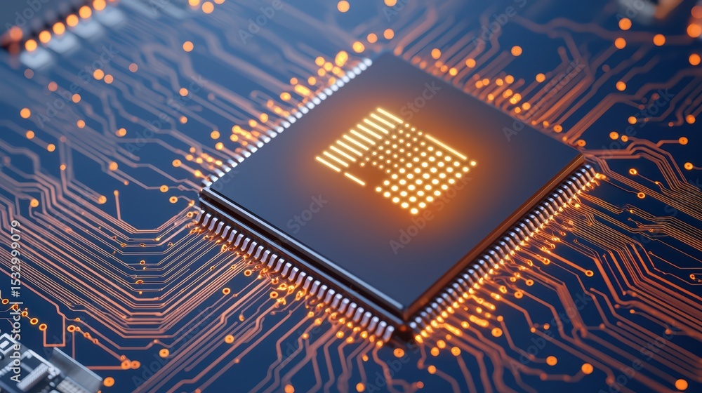 Poster close-up view of a microchip on a circuit board with glowing connectors and intricate patterns in a 