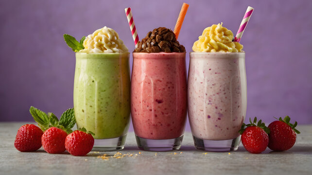 Four colorful smoothiesmilkshakes arranged in a row, each cup with ice cream swirls and fruit puree topping Image is for marketing purposes to highlight freshness, variety, and entici