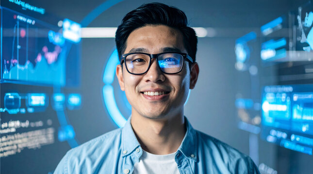 Smiling Asian man in front of digital screens, symbolizing innovation and technological prowess. His confident expression conveys intelligence and expertise.