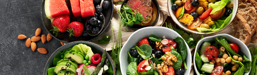 Vegan summer dishes. Healthy and tasty brunch.