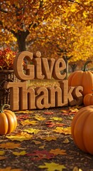 Autumn thanksgiving scene with pumpkins and fall leaves for seasonal celebration design