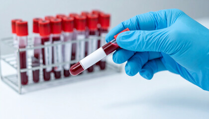 Naklejka premium A hand wearing blue medical gloves holds a blood sample tube in a laboratory. The other blood sample tubes with red caps placed in a silver rack.