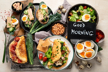 Breakfast food concept. Various ways of cooking chicken eggs.