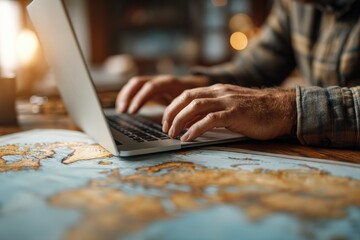 Fototapeta premium Close up view of hands typing on a laptop keyboard, surrounded by a world map on the desk, planning the next exciting travel adventure