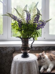 Bouquet lupine near the window and sleeping cat
