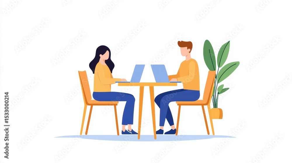 Poster two people working together at a table using laptops in a bright and modern workspace setting