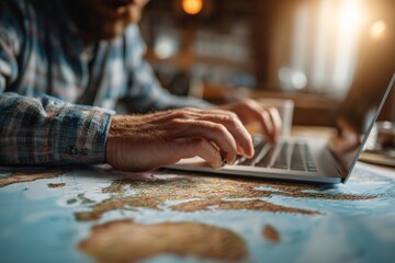 Close up view of hands typing on a laptop keyboard, surrounded by a world map, capturing the essence of travel planning and adventure