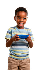Happy young boy engrossed in a video game, full of excitement and joy.