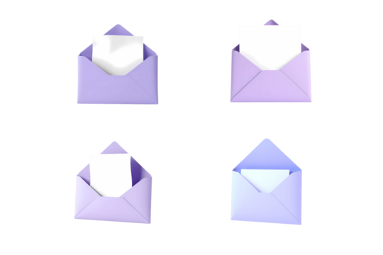 Four lilac envelopes with blank white cards inside isolated on transparent background
