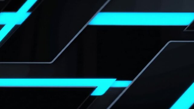 Technological abstract background, predominantly black with dark gray overlapping angular panels. Bright blue neon light streaks illuminate the edges and recesses of suggesting movement and advanced 