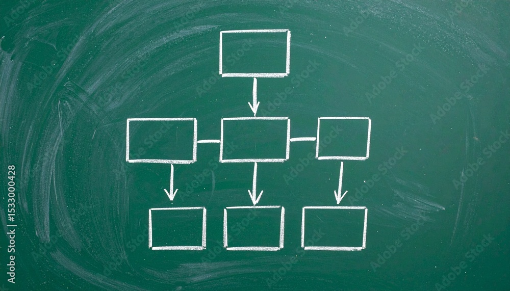 Poster a flowchart drawn on a blackboard, illustrating a series of connected boxes with arrows. the diagram