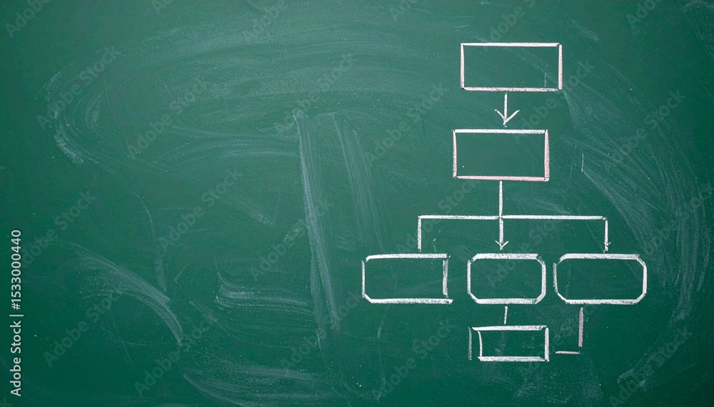 Poster a flow chart drawn on a chalk board that represents data, process and system