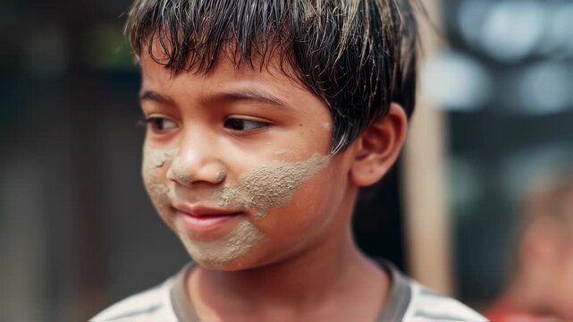 Young boy with sandy cheeks smiling and looking around outdoors