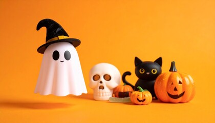 Obraz premium Spooky Halloween characters and objects set against a vibrant orange background. The scene is filled with fun and festive items, capturing the essence of the holiday. 