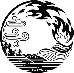 Black and White Circular Earth Design with Fire Water Wind and Trees